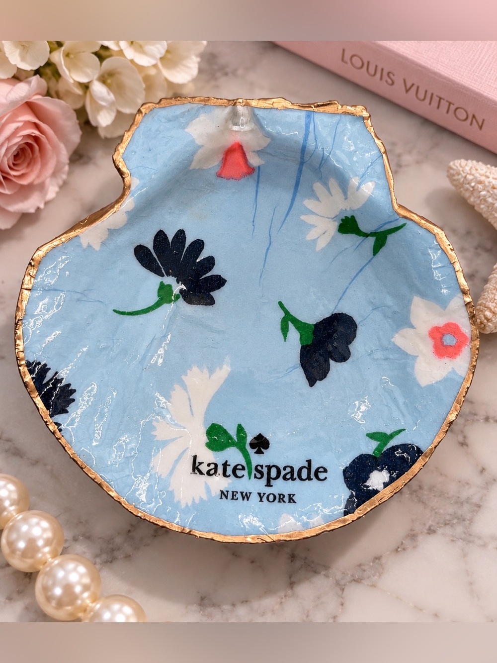 kate spade Blue Floral Shell Trinket Dish with Gold Rim